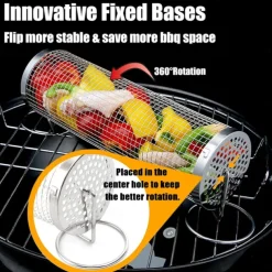Rolling Grill Basket with Fixed Base Rotatable BBQ Vegetable Grill Basket Stainless Steel BBQ Grilling Mesh Basket for Outdoor Grill Fish Veggies Shrimp Rotisserie Fries Camping Portable BBQ