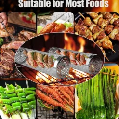 Rolling Grill Basket with Fixed Base Rotatable BBQ Vegetable Grill Basket Stainless Steel BBQ Grilling Mesh Basket for Outdoor Grill Fish Veggies Shrimp Rotisserie Fries Camping Portable BBQ