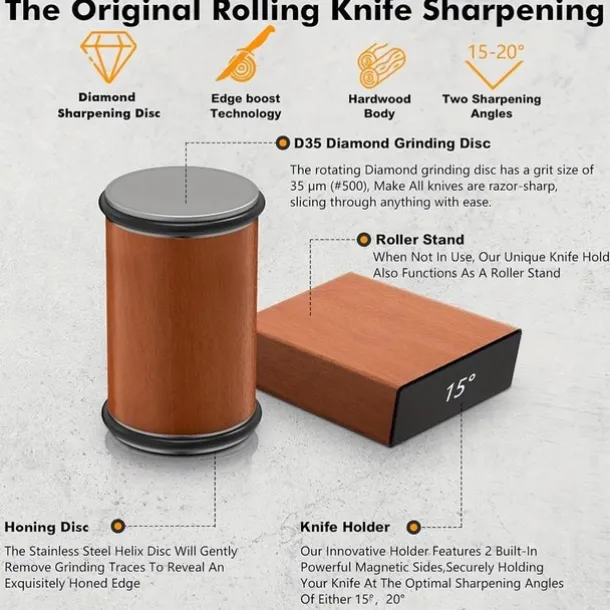 Rolling Knife Sharpener Kit - Easy to Use Knife Sharpening - Knife Sharpeners for Kitchen Knives. Sharpener with Industry Diamonds for Steel of Any Hardness, 15/20° Magnetic Angle Base