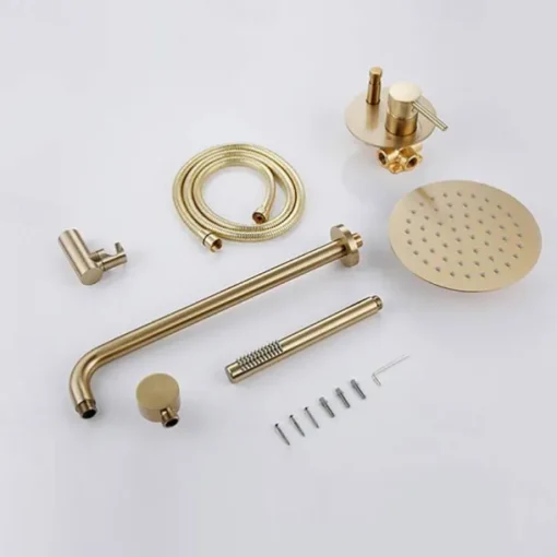 Round Golden Shower System Faucet Set Rainfall Shower Head 8 inch, Rough In Valve and Trim Kit Combo Kit, High Pressure Heldhead Wall Mounted for Bath Bathroom