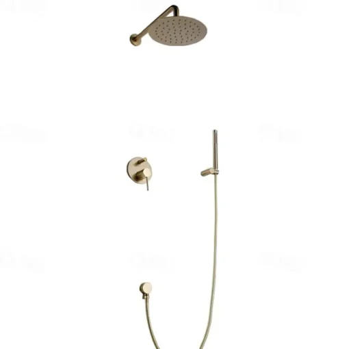Round Golden Shower System Faucet Set Rainfall Shower Head 8 inch, Rough In Valve and Trim Kit Combo Kit, High Pressure Heldhead Wall Mounted for Bath Bathroom