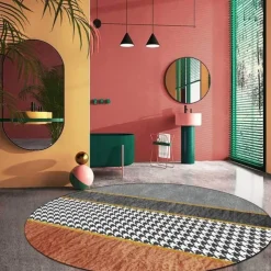 Round Houndstooth Area Rug Floor Decor Non Slip Absorbent Carpet For Entryway Bedroom Living Room Sofa Home Deco