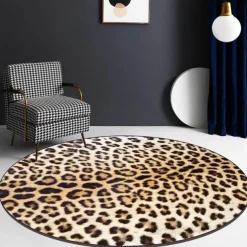 Round Leopard Print Area Rug Floor Decor Non Slip Absorbent Carpet For Entryway Bedroom Living Room Sofa Home Deco