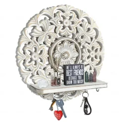 Rustic Whitewashed Wood Wall Shelves with Hooks Space-Saving Storage Decor for Bedroom, Entryway Jewelry Organizer, Key Holder