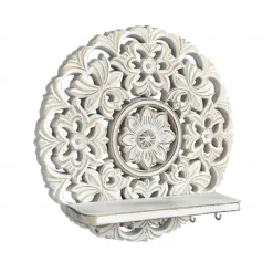 Rustic Whitewashed Wood Wall Shelves with Hooks Space-Saving Storage Decor for Bedroom, Entryway Jewelry Organizer, Key Holder