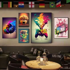 80s 90s Wall Art Colorful Neon Gamer Controller Canvas Poster Fantasy Earphones Esports Gaming Wall Art Painting For Kawaii Room Decor