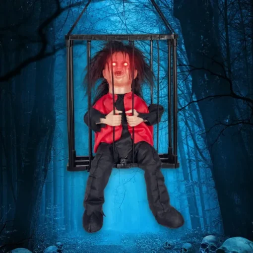Scary Cage Halloween Doll Haunted House Prop with Screaming Voice Nightmare Creature