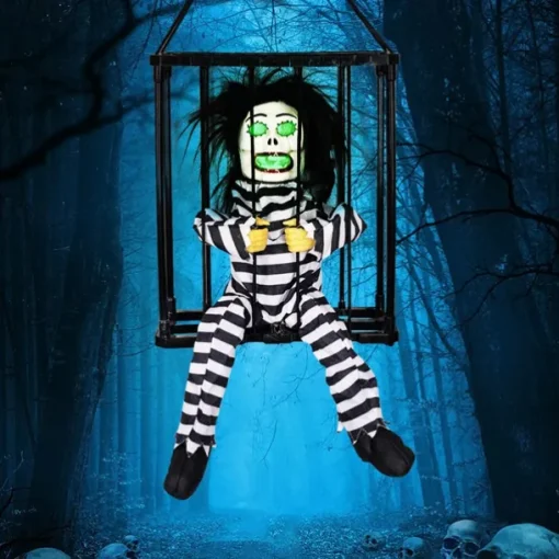 Scary Cage Halloween Doll Haunted House Prop with Screaming Voice Nightmare Creature