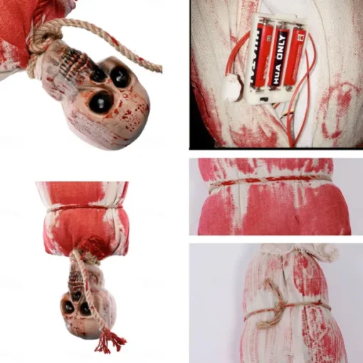 Scary Halloween Decorations Hanging Cocoon Corpse Animated Bloody Skull Corpse with Glowing Eyes & Spooky Sound for Haunted House Party Props Halloween Indoor Outdoor Decor