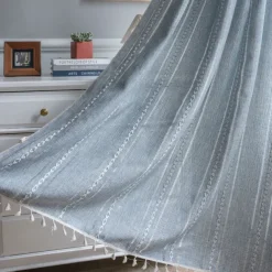 Semi Blackout Curtains Green, Pinch Pleat Curtain Panels Cotton Polyester Striped Embroidered 2 Panels Set Curtains for Living Room with Tassels