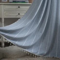 Semi Blackout Curtains Green, Pinch Pleat Curtain Panels Cotton Polyester Striped Embroidered 2 Panels Set Curtains for Living Room with Tassels