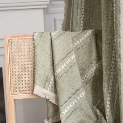 Semi Blackout Curtains Green, Pinch Pleat Curtain Panels Cotton Polyester Striped Embroidered 2 Panels Set Curtains for Living Room with Tassels