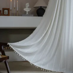 Semi Blackout Curtains Green, Pinch Pleat Curtain Panels Cotton Polyester Striped Embroidered 2 Panels Set Curtains for Living Room with Tassels