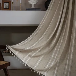 Semi Blackout Curtains Green, Pinch Pleat Curtain Panels Cotton Polyester Striped Embroidered 2 Panels Set Curtains for Living Room with Tassels