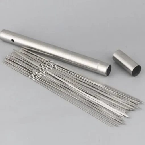 Set of 15 pcs Skewers & 1 Tube Storage Stainless Steel Kabob Skewers Heavy Duty Grilling Skewers Barbecue Skewers Resuable BBQ Sticks for Shish Meat Shrimp Chicken Flat Skewers