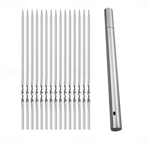 Set of 15 pcs Skewers & 1 Tube Storage Stainless Steel Kabob Skewers Heavy Duty Grilling Skewers Barbecue Skewers Resuable BBQ Sticks for Shish Meat Shrimp Chicken Flat Skewers