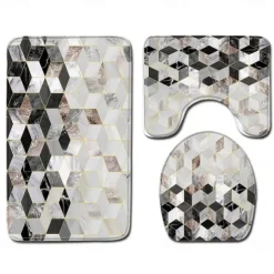 Set of 3 Pieces Bath Mat Non-slip Bathroom Rug, U Shaped Contour Rug & Toilet lid Cover, Marble Texture Bath mat, Non Slip & Soft Absorbent Polyester Carpet