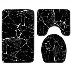 Set of 3 Pieces Bath Mat Non-slip Bathroom Rug, U Shaped Contour Rug & Toilet lid Cover, Marble Texture Bath mat, Non Slip & Soft Absorbent Polyester Carpet