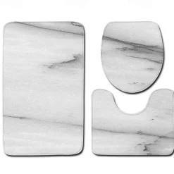 Set of 3 Pieces Bath Mat Non-slip Bathroom Rug, U Shaped Contour Rug & Toilet lid Cover, Marble Texture Bath mat, Non Slip & Soft Absorbent Polyester Carpet