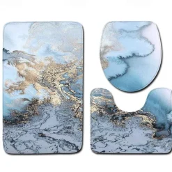 Set of 3 Pieces Bath Mat Non-slip Bathroom Rug, U Shaped Contour Rug & Toilet lid Cover, Marble Texture Bath mat, Non Slip & Soft Absorbent Polyester Carpet