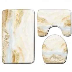 Set of 3 Pieces Bath Mat Non-slip Bathroom Rug, U Shaped Contour Rug & Toilet lid Cover, Marble Texture Bath mat, Non Slip & Soft Absorbent Polyester Carpet