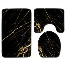 Set of 3 Pieces Bath Mat Non-slip Bathroom Rug, U Shaped Contour Rug & Toilet lid Cover, Marble Texture Bath mat, Non Slip & Soft Absorbent Polyester Carpet