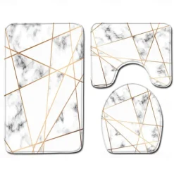 Set of 3 Pieces Bath Mat Non-slip Bathroom Rug, U Shaped Contour Rug & Toilet lid Cover, Marble Texture Bath mat, Non Slip & Soft Absorbent Polyester Carpet