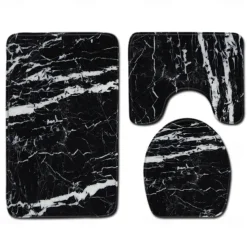 Set of 3 Pieces Bath Mat Non-slip Bathroom Rug, U Shaped Contour Rug & Toilet lid Cover, Marble Texture Bath mat, Non Slip & Soft Absorbent Polyester Carpet