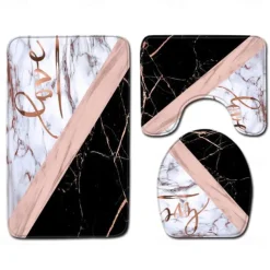 Set of 3 Pieces Bath Mat Non-slip Bathroom Rug, U Shaped Contour Rug & Toilet lid Cover, Marble Texture Bath mat, Non Slip & Soft Absorbent Polyester Carpet
