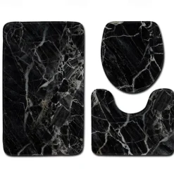 Set of 3 Pieces Bath Mat Non-slip Bathroom Rug, U Shaped Contour Rug & Toilet lid Cover, Marble Texture Bath mat, Non Slip & Soft Absorbent Polyester Carpet