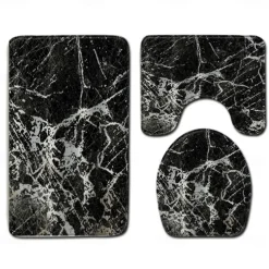 Set of 3 Pieces Bath Mat Non-slip Bathroom Rug, U Shaped Contour Rug & Toilet lid Cover, Marble Texture Bath mat, Non Slip & Soft Absorbent Polyester Carpet