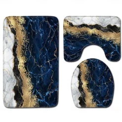 Set of 3 Pieces Bath Mat Non-slip Bathroom Rug, U Shaped Contour Rug & Toilet lid Cover, Marble Texture Bath mat, Non Slip & Soft Absorbent Polyester Carpet