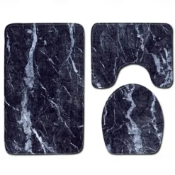 Set of 3 Pieces Bath Mat Non-slip Bathroom Rug, U Shaped Contour Rug & Toilet lid Cover, Marble Texture Bath mat, Non Slip & Soft Absorbent Polyester Carpet