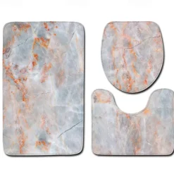 Set of 3 Pieces Bath Mat Non-slip Bathroom Rug, U Shaped Contour Rug & Toilet lid Cover, Marble Texture Bath mat, Non Slip & Soft Absorbent Polyester Carpet