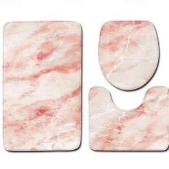 Set of 3 Pieces Bath Mat Non-slip Bathroom Rug, U Shaped Contour Rug & Toilet lid Cover, Marble Texture Bath mat, Non Slip & Soft Absorbent Polyester Carpet