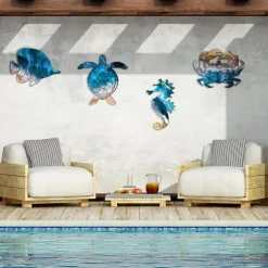 Set of 4 Seahorse Wall Decor Sea Turtle Fish Crab Starfish Sea Urchin Shell Conch Wall Art Decorations Outdoor Beach Theme Decor Ocean Fence Art Wood Outdoor Wall Art for Living Room Bathroom