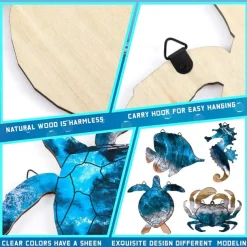 Set of 4 Seahorse Wall Decor Sea Turtle Fish Crab Starfish Sea Urchin Shell Conch Wall Art Decorations Outdoor Beach Theme Decor Ocean Fence Art Wood Outdoor Wall Art for Living Room Bathroom