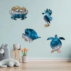 Set of 4 Seahorse Wall Decor Sea Turtle Fish Crab Starfish Sea Urchin Shell Conch Wall Art Decorations Outdoor Beach Theme Decor Ocean Fence Art Wood Outdoor Wall Art for Living Room Bathroom