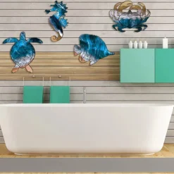 Set of 4 Seahorse Wall Decor Sea Turtle Fish Crab Starfish Sea Urchin Shell Conch Wall Art Decorations Outdoor Beach Theme Decor Ocean Fence Art Wood Outdoor Wall Art for Living Room Bathroom