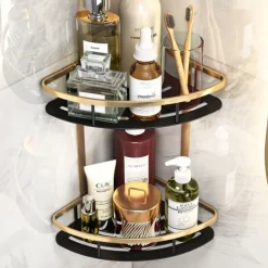 Shower Caddy Bathroom Corner Shelf Bathroom Shower Caddy Organizer for Kitchen Toilet No Drilling 2-tier Bathroom Corner Shelves Shower Caddies(Black&Golden)