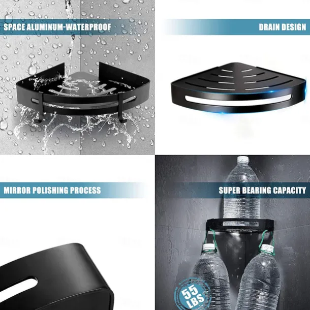 Shower Caddy Bathroom Shelf Space Aluminum Brushed Black and Silvery Wall Mount Triangle Shower Corner Storage Rack Bath Accessories Single Layer