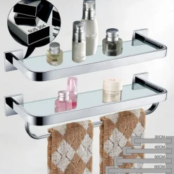 Shower Caddy 8mm Tempered Glass Toilet Shelf Bathroom Cosmetics Toiletries Storage Layer Shelf Thickened 304 Stainless Steel Mirror Bright Light Color, Various Specifications Are Available