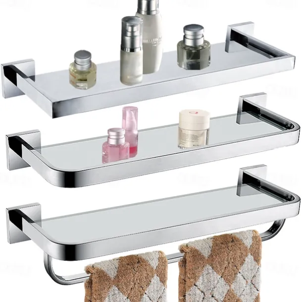 Shower Caddy 8mm Tempered Glass Toilet Shelf Bathroom Cosmetics Toiletries Storage Layer Shelf Thickened 304 Stainless Steel Mirror Bright Light Color, Various Specifications Are Available