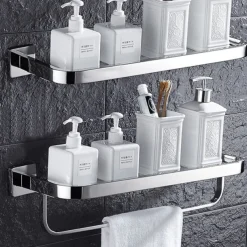 Shower Caddy Modern Bath Multifunctional Storage Rack With Towel Bar Stainless Steel Thickened Towel Rack Bathroom Tempered Glass Cosmetics Bathroom Supplies Storage Rack