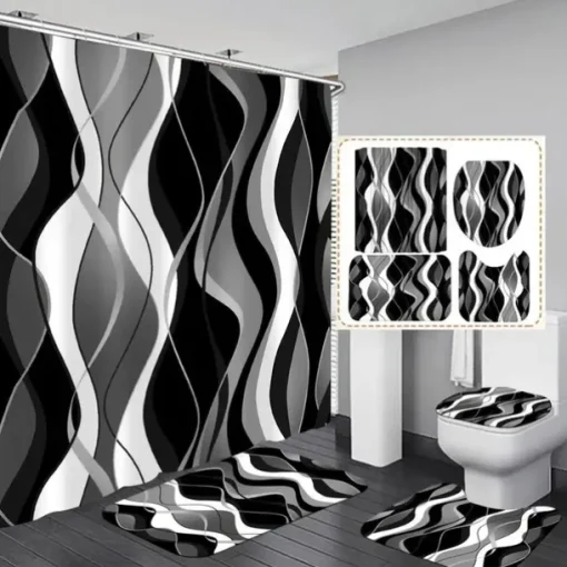 Shower Curtain 180cm*180cm(70"*70"),Watercolor Polyester Waterproof, Non-slip Floor Mat, Toilet Seat, Bathroom Mat & 12 Plastic Hooks, for Bathroom Bathtub Decoration