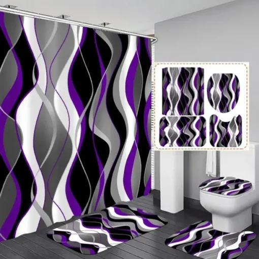 Shower Curtain 180cm*180cm(70"*70"),Watercolor Polyester Waterproof, Non-slip Floor Mat, Toilet Seat, Bathroom Mat & 12 Plastic Hooks, for Bathroom Bathtub Decoration
