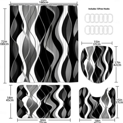 Shower Curtain 180cm*180cm(70"*70"),Watercolor Polyester Waterproof, Non-slip Floor Mat, Toilet Seat, Bathroom Mat & 12 Plastic Hooks, for Bathroom Bathtub Decoration