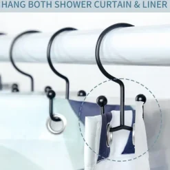 Shower Curtain Hooks, 12 Pcs Shower Curtain Rings, Durable Rust Proof Black Shower Curtain Hooks, Shower Rings for Curtain, Double Glide Shower Curtain Hooks for Shower Curtain Rods