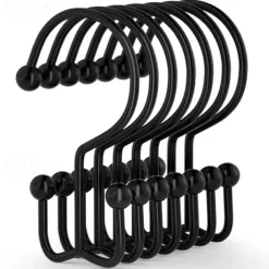 Shower Curtain Hooks, 12 Pcs Shower Curtain Rings, Durable Rust Proof Black Shower Curtain Hooks, Shower Rings for Curtain, Double Glide Shower Curtain Hooks for Shower Curtain Rods