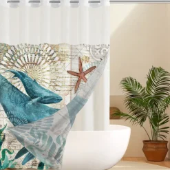 Shower Curtain Set with Snap-in Liner and Sheer Window 180cm*180cm(70